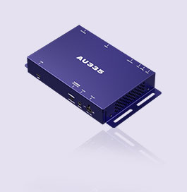 BrightSign AU5 数字音频播放器正面产品图像，紫色背景，带阴影