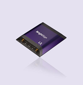 front facing product image of the BrightSign LS5 digital signage player on a purple background with shadow