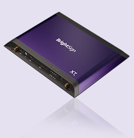 BrightSign XT5 数字标牌播放器正面产品图片，紫色背景，带阴影