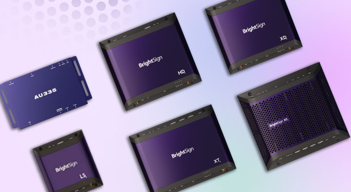 Top down view of Series 5 media players from BrightSign with a light purple and green background