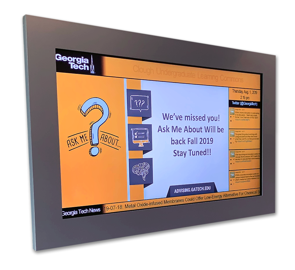 Multi-section video wall digital signage display with news ticker, live social content, and event updates at Georgia Tech University