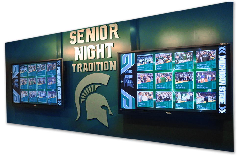 使用 BrightSign 数字标牌播放器显示技术的密歇根州立大学名人墙