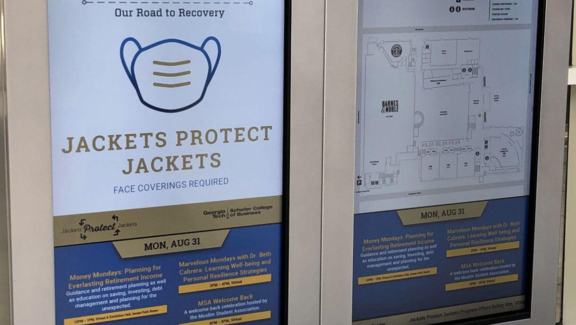 Georgia Tech digital signage displaying COVID safety information using BrightSign players