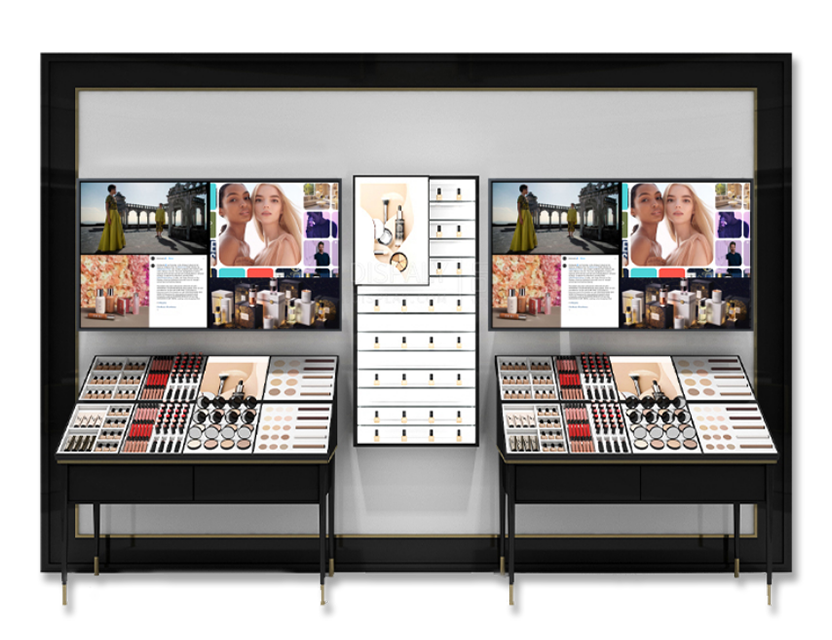 digital signage showing makeup and fashion displays
