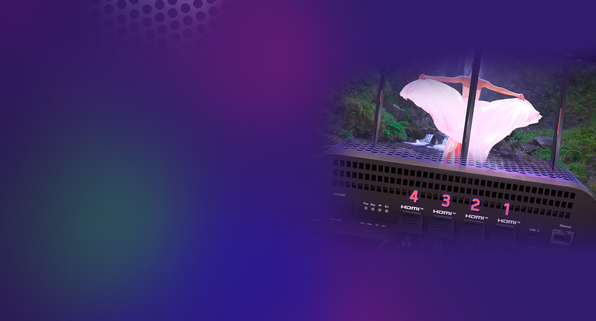 BrightSign XC5 digital signage player hero raffigurato con 4 porte HDMI numerate e display sullo sfondo
