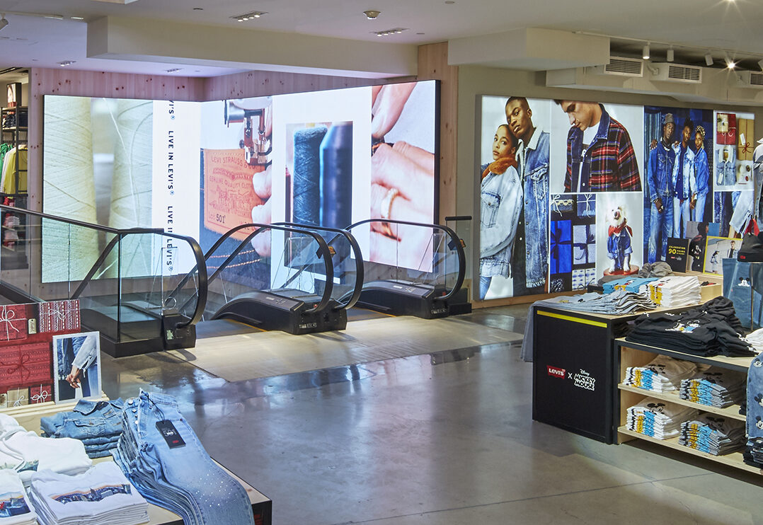 Levi's Jeans retail digital signage video wall powered by BrightSign