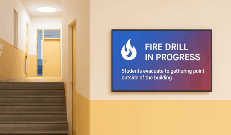 School hallway with fire drill digital signage emergency notification and messaging
