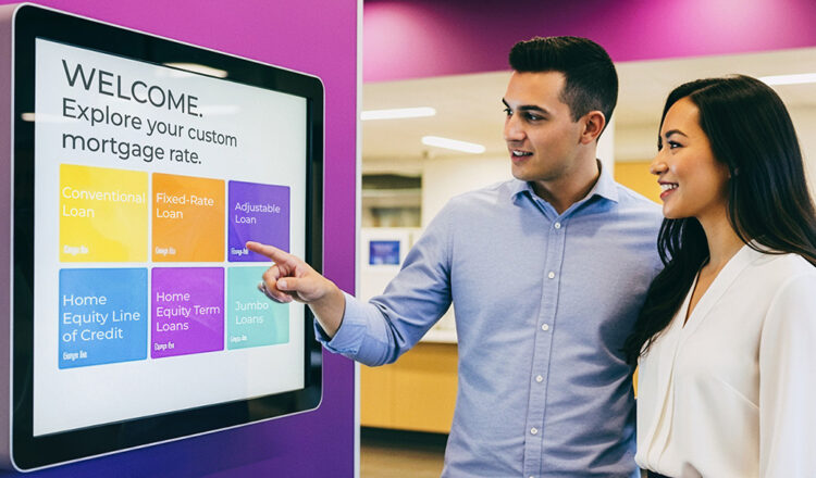 Banking digital transformation with a couple using a personalized banking touchscreen kiosk