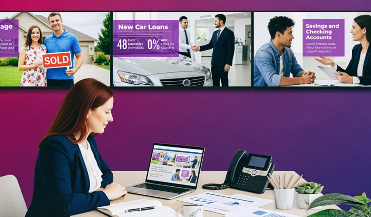 Personalized banking and financial digital signage multi-screens in a bank management office