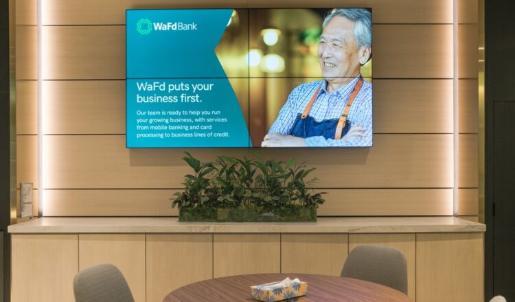 WaFd bank digital signage video wall powered by BrightSign