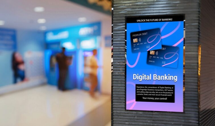 Insegna di digital banking con l'atrio della banca sullo sfondo