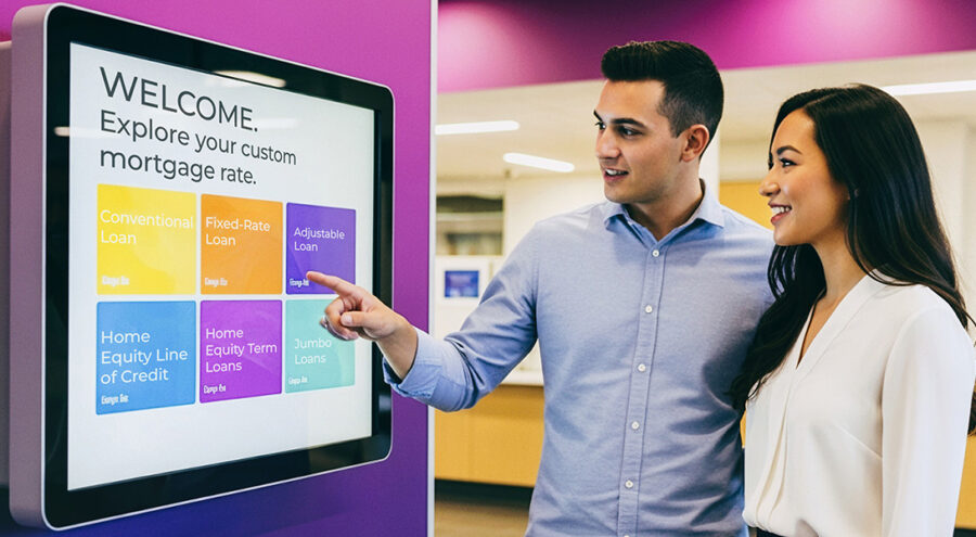 一对男女正注视着银行的触摸屏