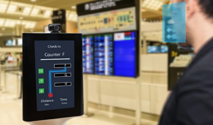男子正查看交通数字标牌的人工智能自助值机屏幕