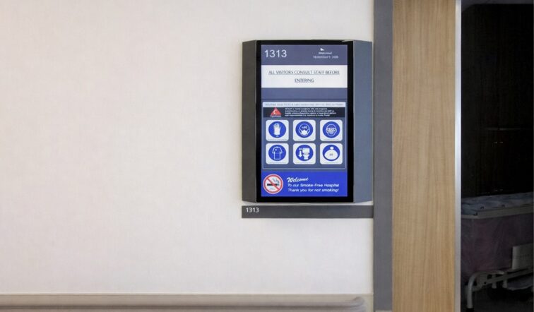 Bluefin digital display with BrightSign Built-In showing visitor information in hospital hallway