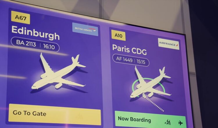 Beispiel für eine digitale Beschilderung für Flughäfen mit Informationen über Abflüge und Flugsteige