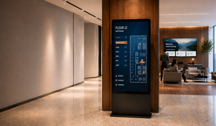 Moderne kantoorlobby met een digitale wegwijzerkiosk met de plattegrond van het gebouw op de voorgrond en een groot digitaal scherm met werknemerscommunicatie op de achterwand van een zithoek met een man en een vrouw op de achtergrond