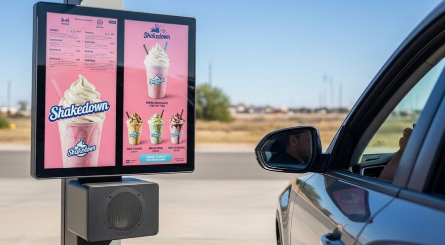 Drive-thru digital menu board showing a milkshake brand with bright pink background next to a car with the driver's window down as if ordering
