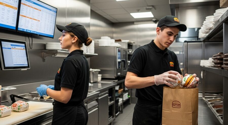 Two fast food employees in a kitchen prep area bagging food and reviewing order information on digital kitchen displays