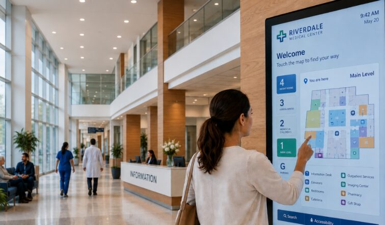 Una donna è di fronte a un grande schermo digitale su cui è visualizzata una mappa di orientamento dell'ospedale, nell'atrio della reception e della sala d'attesa di un ospedale moderno e ben illuminato