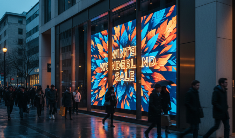 Exterior of a retail storefront at night, with pedestrians crossing in front of the store's large window display with a digital screen that says "Winter Wonderland Sale" and has orange and blue graphics behind the text