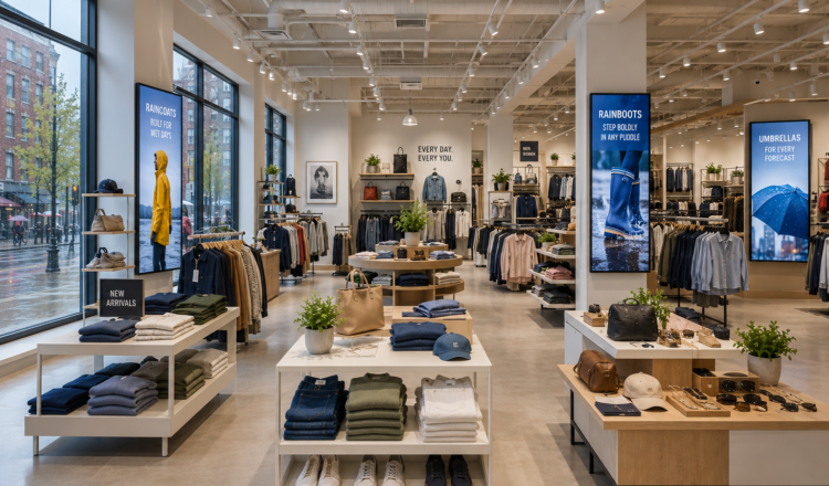 Large retail store interior with digital signage showing AI-powered promotions for raincoats, boots, and umbrellas that match the rainy weather outside, partly visible through the store windows.