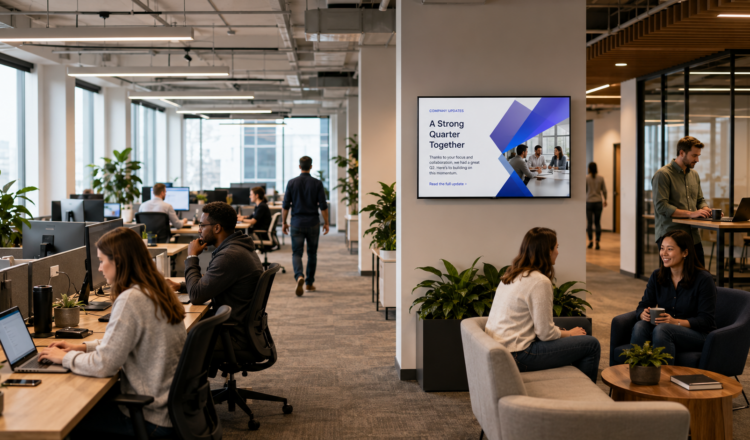 Large open office space with digital signage showing corporate internal communications