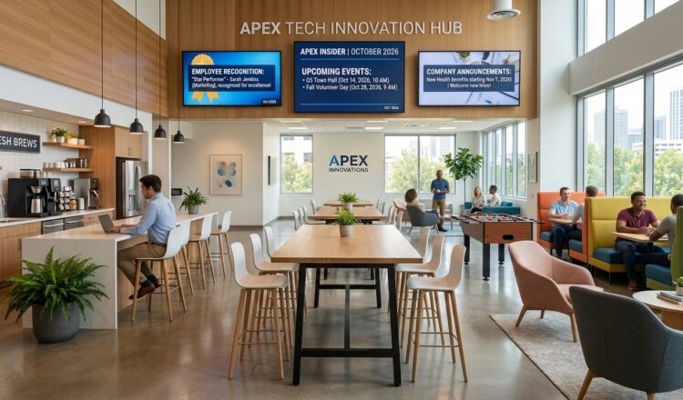 Large but warm office common area and employee breakroom with kitchenette, ample table and booth seating, a foosball table, and wall-mounted digital signage displaying company communications like employee recognition, upcoming events, and announcements