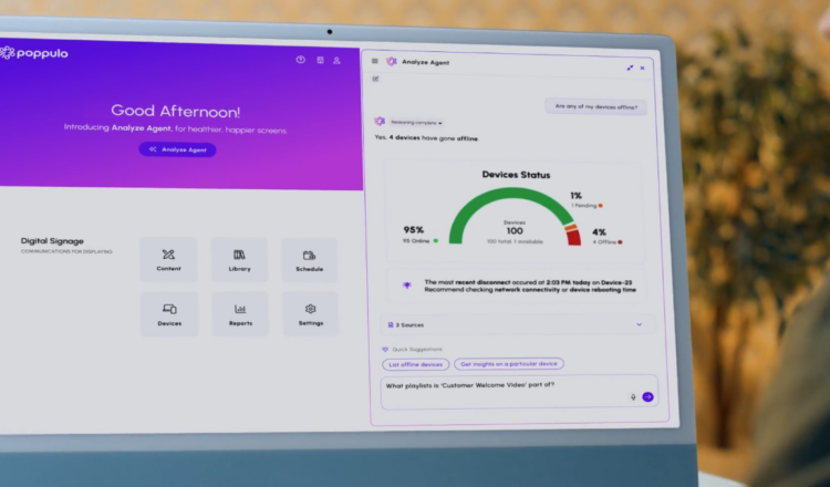 Image of a computer screen showing Poppulo's Analyze Agent dashboard capabilities