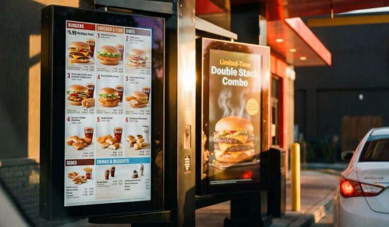 一家快餐店 drive-thru 数字菜单屏，画面中可见排队等候点餐的车辆