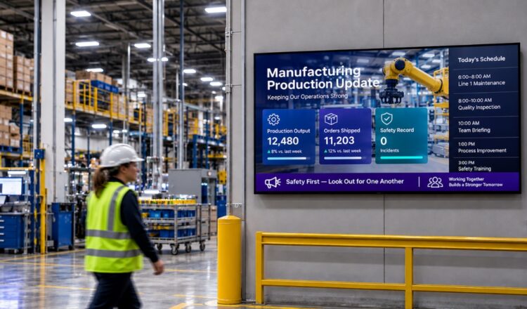 Female frontline worker in hard hat and safety vest walking through a warehouse towards a wall-mounted digital screen displaying real-time manufacturing production update information, today's schedule, and employee messaging
