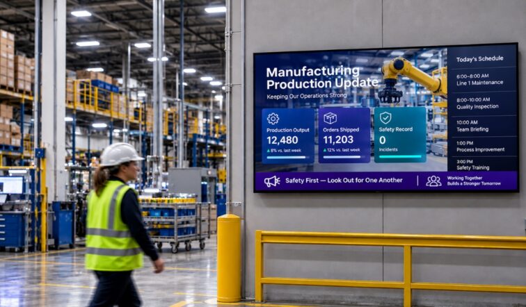 Female frontline worker in hard hat and safety vest walking through a warehouse towards a wall-mounted digital screen displaying real-time manufacturing production update information, today's schedule, and employee messaging