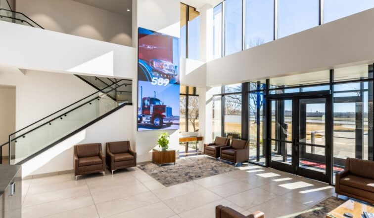 Peterbilt headquarters lobby video wall powered by BrightSign