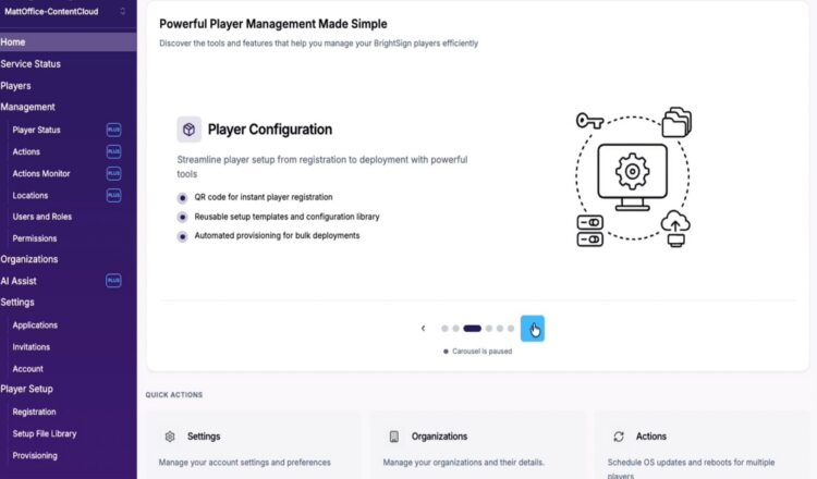 Screenshot of the BrightSign Control Plus bulk device management interface showing the home page, player configuration information, quick actions, and navigational menu