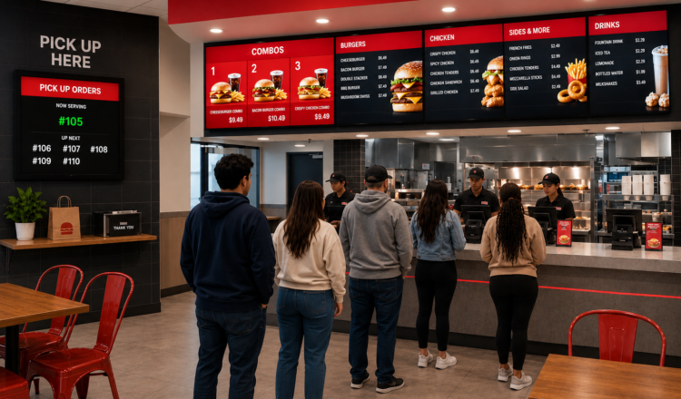Customers lined up in front of a fast food QSR order counter with digital menu board overhead and an order pickup area to the left with a digital screen showing order numbers now served and up next