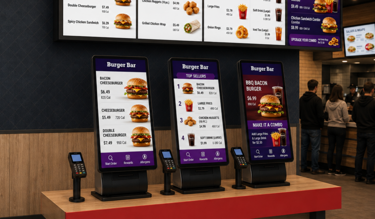 Innenraum eines Fast-Food-Restaurants mit drei Bestellterminals und einer digitalen Menütafel darüber, auf denen jeweils Informationen zur Speisekarte, die beliebtesten Gerichte, Kombi- und Upgrade-Angebote, Prämien und vieles mehr angezeigt werden