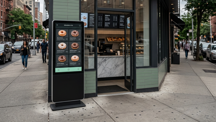 City street corner with pedestrians walking by a doughnut shop with an exterior order kiosk and interior digital menu board above an order counter