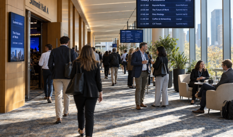 Convention center hallway with conference room digital signage and event schedule content