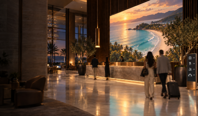 Modern hotel lobby with video wall and hotel wayfinding signage