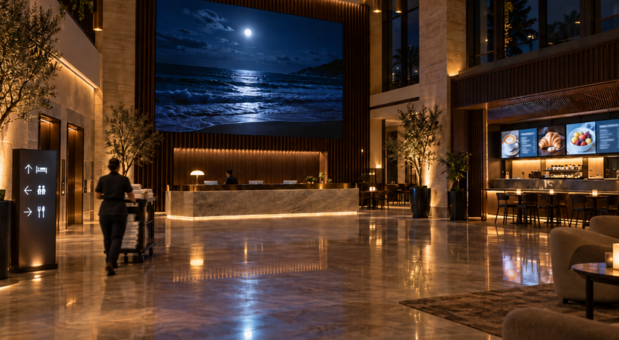 Hotel lobby shown at night with a lobby video wall behind the reception desk and digital menu boards shown in the hotel bar and restaurant off the lobby