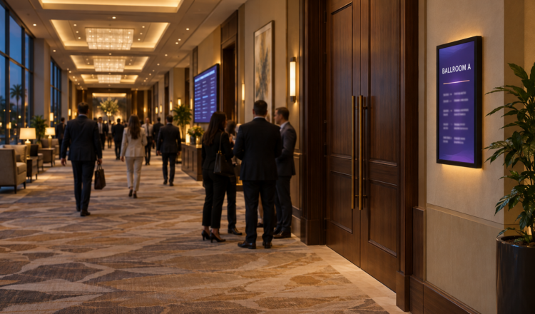 Hotel conference center hallway with meeting room availability and schedule on digital signage mounted beside each room's door