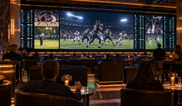 Casino sports betting lounge with video wall and multi-screen live tv