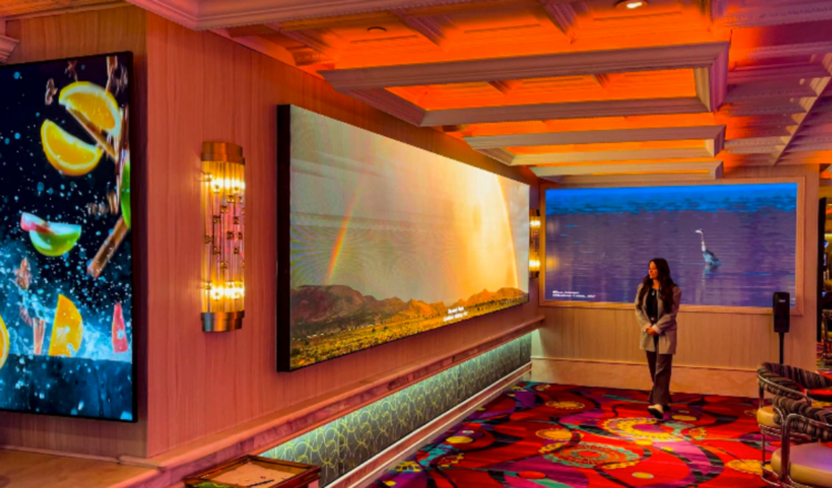 Gang in het Peppermill Resort Spa Casino met "Windows of the World"-videowalls (LED), aangestuurd door BrightSign-spelers voor digitale bewegwijzering